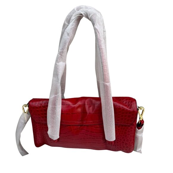Frances Valentine Red Croc-Embossed Leather Shoulder Bag Long Strap Snap Closure - Picture 14 of 15